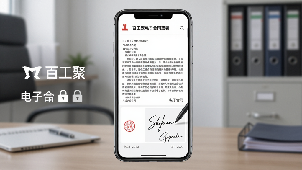 百工聚电子合同签署界面展示图,画面中央为手机屏幕,屏幕内显示合同文本与手写签名区域,签名笔迹清晰可见,背景为办公室桌面与文件柜虚化处理,布局采用左右分栏,左侧为合同条款,右侧为签名区,风格为正式商务感,细节包含合同印章图标、日期水印、加密锁标志,画质高清干净,图片中文字标注