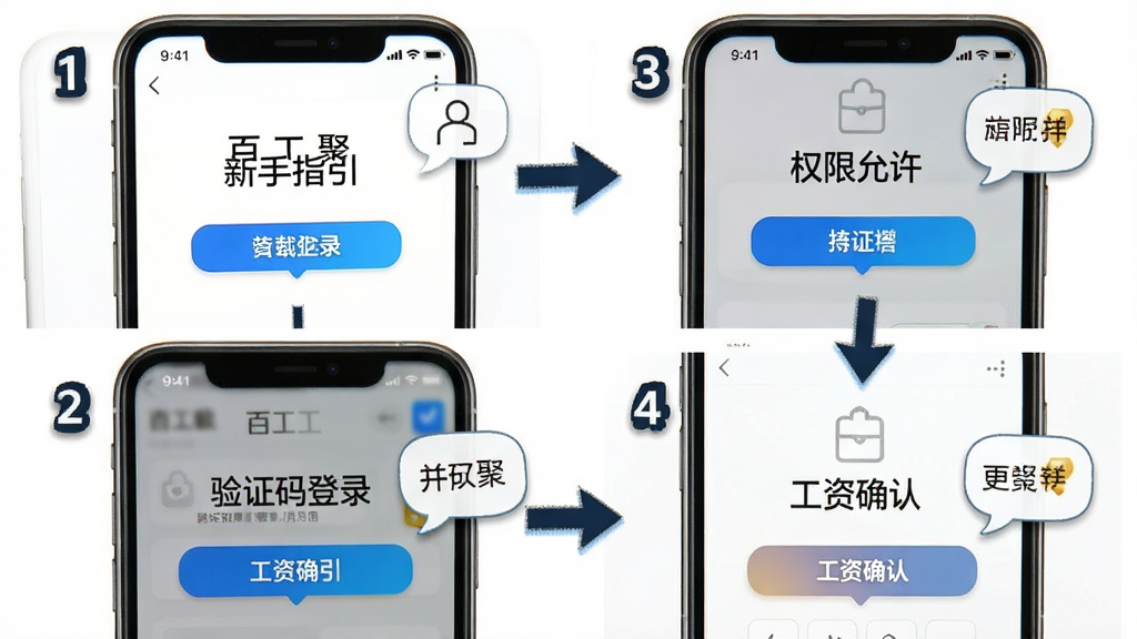 百工聚新手操作指引示意图,画面为手机屏幕分步截图展示,包含下载安装、权限允许、验证码登录、工资确认四个步骤,每步配有数字序号与简短说明文字,背景为纯白底色,布局采用纵向流程排列,风格为教程图解风,细节包含箭头引导、高亮按钮、提示气泡,画质高清干净,图片中文字标注