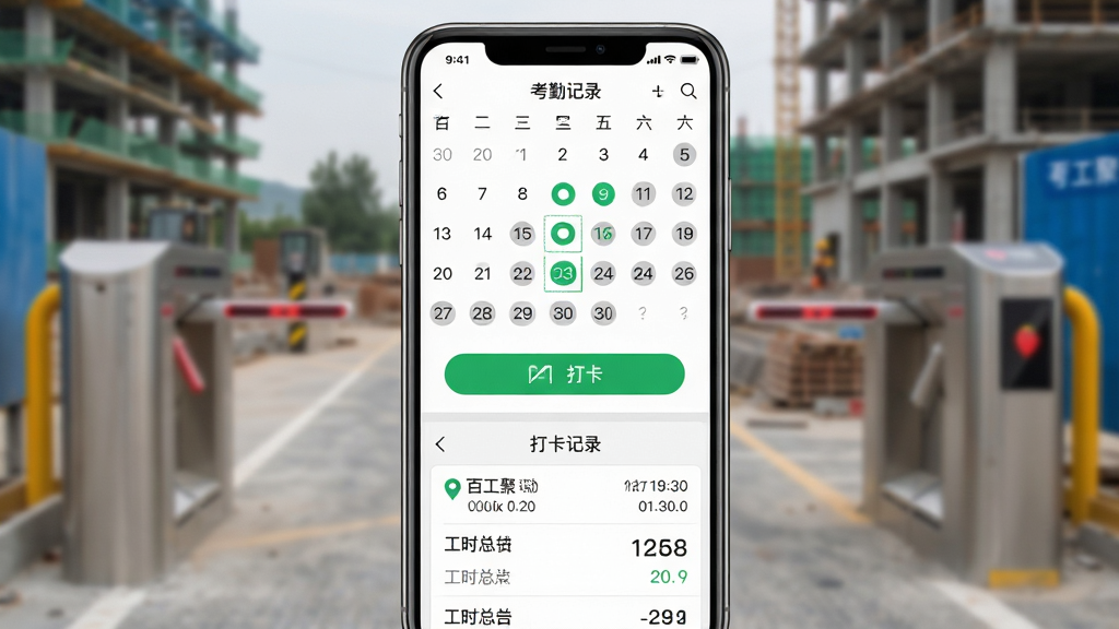 百工聚考勤打卡功能示意图,画面展示手机屏幕内日历视图与打卡按钮,已打卡日期显示绿色圆点,未打卡日期显示灰色,背景为工地入口闸机虚化场景,布局采用上下结构,上方为月份日历,下方为打卡记录列表,风格为简洁实用风,细节包含定位图标、时间戳、工时汇总数字,画质高清干净,图片中文字标注