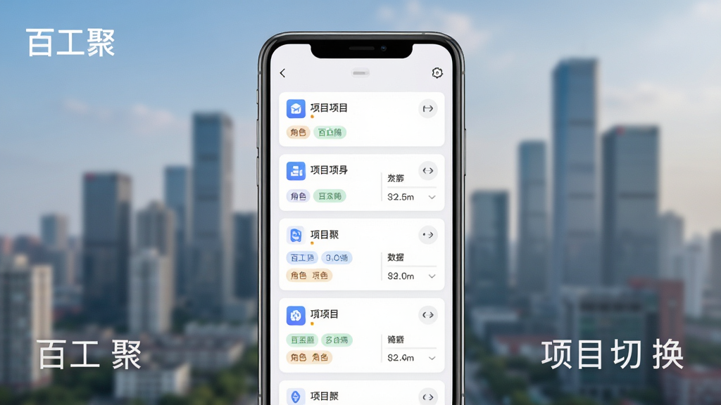 百工聚多项目切换管理界面图,画面主体为手机屏幕,屏幕内显示项目卡片列表,每张卡片包含项目名称、角色标签与数据概览,背景为城市建筑群远景虚化,布局采用纵向卡片流,风格为现代卡片式设计,细节包含项目图标、切换箭头、数据摘要文字,画质高清干净,图片中文字标注