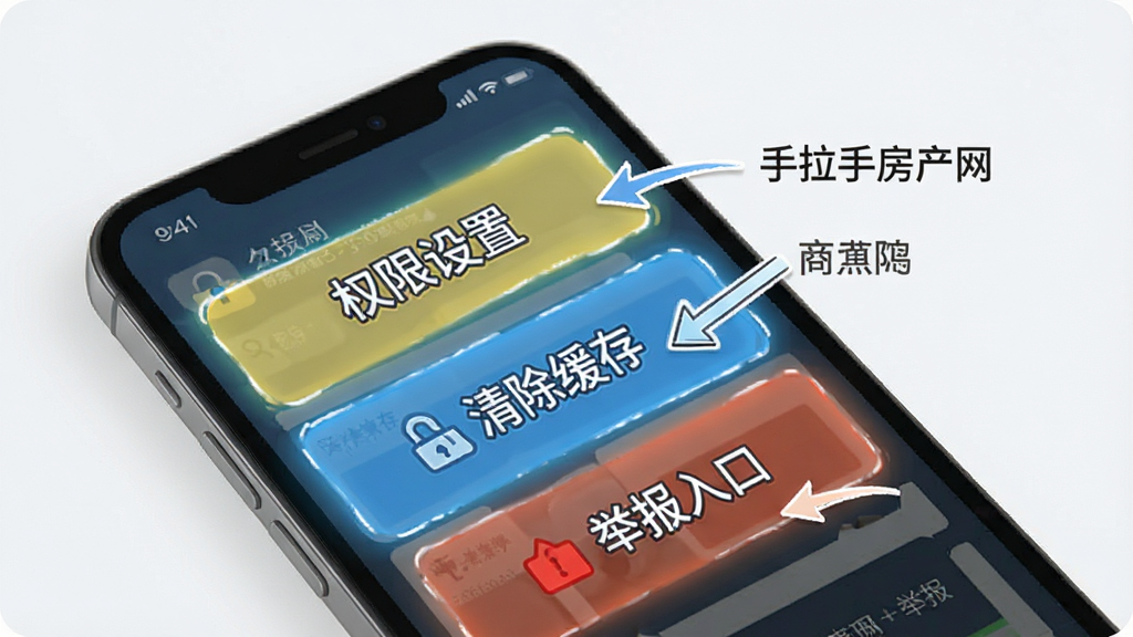 手拉手房产网移动端使用技巧示意图,画面展示一部手机屏幕,屏幕内标注“权限设置”“清除缓存”“举报入口”三个高亮区域,背景为浅色,风格简洁说明类,细节有箭头指引,画质清晰,干净无多余元素