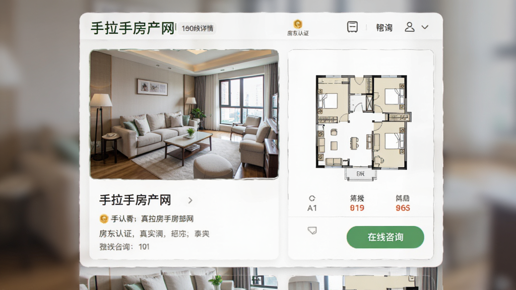 手拉手房产网真实房源详情页展示图,画面主体为一套二手房信息页面,包含客厅实拍图、户型图、价格标签“手拉手房产网”字样,布局为上下滚动式卡片,风格清爽明亮,细节有房东认证标识与在线咨询按钮,画质清晰,干净无杂乱元素