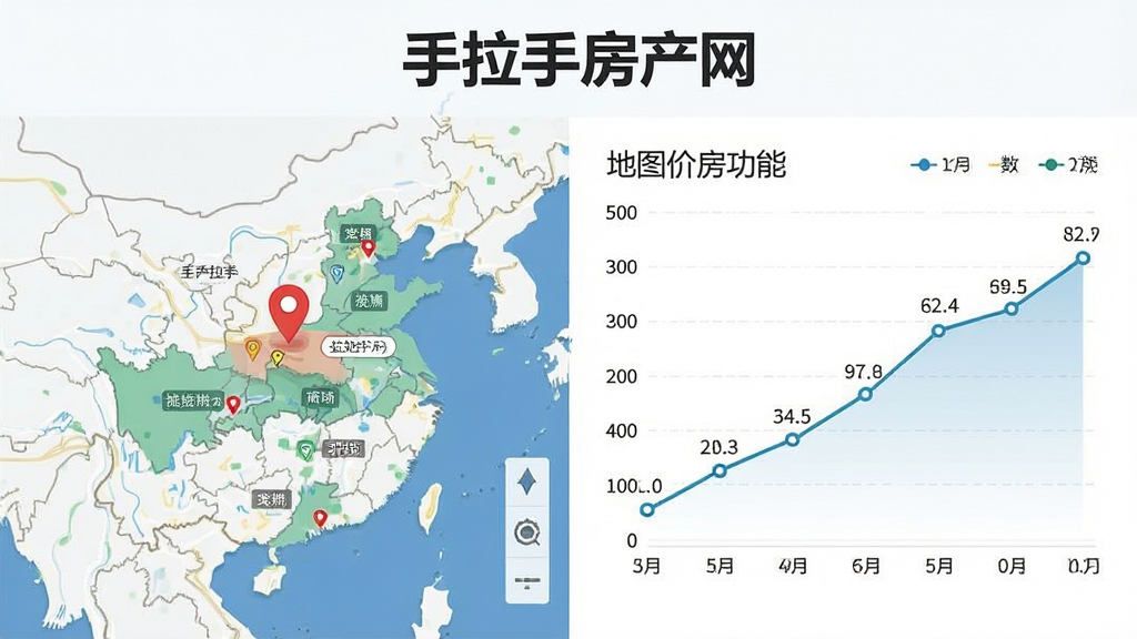 手拉手房产网房价走势与地图找房功能示意图,画面左侧为地图定位界面,右侧为价格曲线图表,顶部标注“手拉手房产网”名称,布局左右分栏,风格商务简约,细节包含区域标签与数据点,画质高清,干净无多余装饰