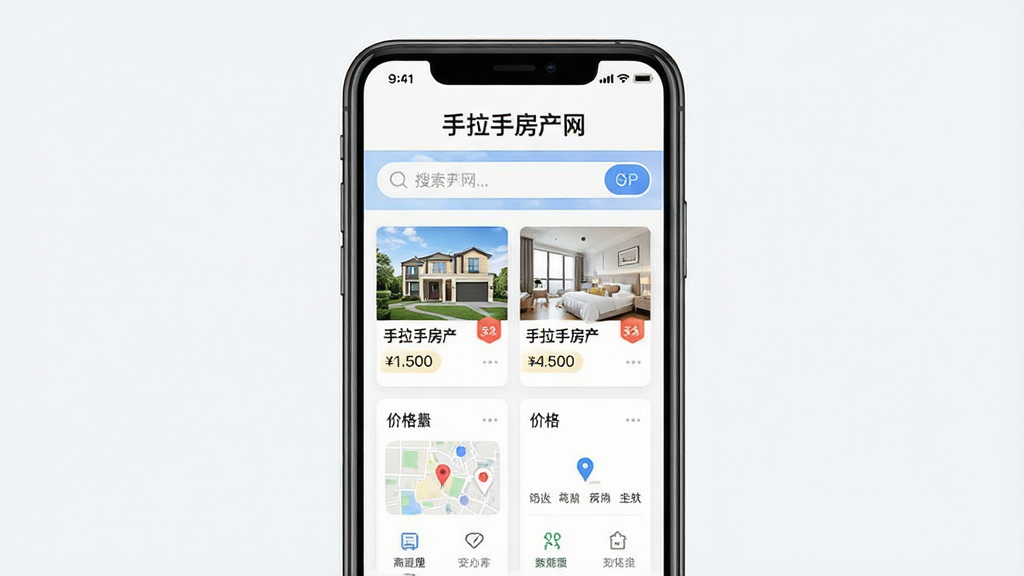 手拉手房产网APP主界面预览图,画面中央展示一款手机应用界面,顶部有“手拉手房产网”文字标识,下方排列房源卡片、地图找房、价格筛选等功能模块,布局简洁清晰,风格现代扁平化,细节包含搜索框、房源缩略图与价格标签,画质高清,干净无多余元素