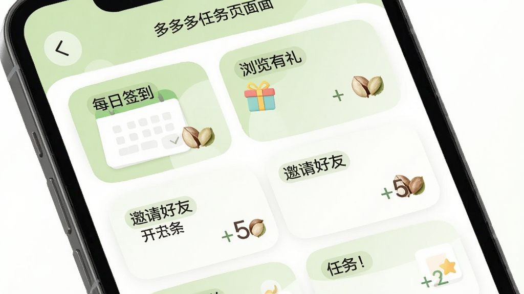 开心果多多多任务中心页面展示,手机屏幕上排列着“每日签到”“浏览有礼”“邀请好友”等任务卡片,每张卡片右侧标注开心果数量,界面以浅绿和白色为主色调,卡片采用圆角设计,整体布局整齐,风格清新简洁,画质干净,无多余元素