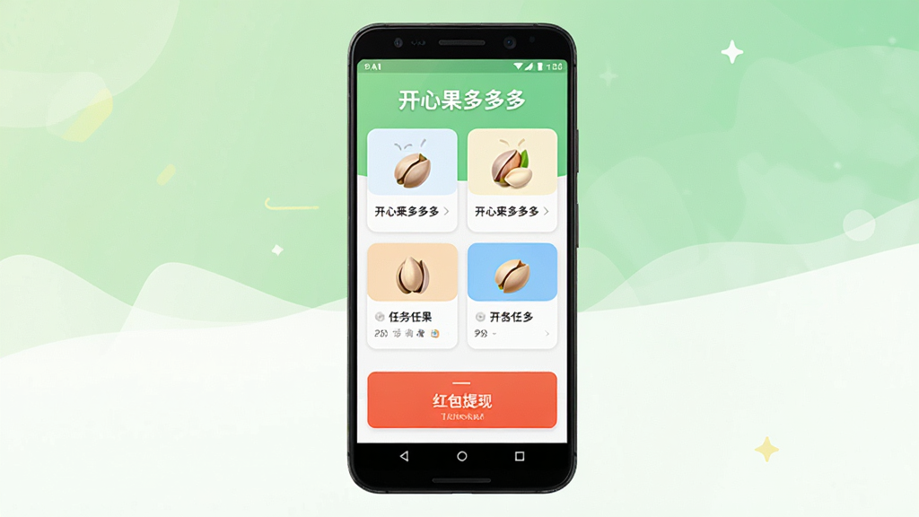 开心果多多多软件主界面全貌展示,画面中央摆放一部安卓手机,手机屏幕显示开心果多多多应用首页,首页上方有“开心果多多多”文字标题,中间排列多个任务卡片图标,下方有红包提现入口按钮,背景为浅绿色与白色搭配的清爽风格,布局居中对称,细节清晰,画质干净,无多余元素