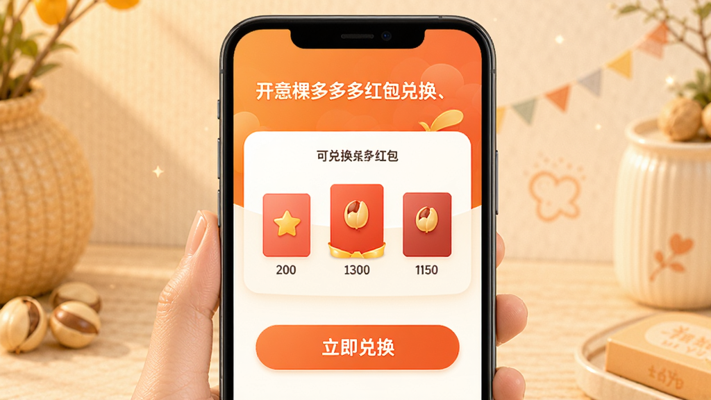 开心果多多多红包兑换页面展示,手机屏幕显示积分余额和可兑换红包档位,页面下方有“立即兑换”按钮,背景为暖橙色与白色搭配,风格温馨,布局清晰,画质干净,无多余元素