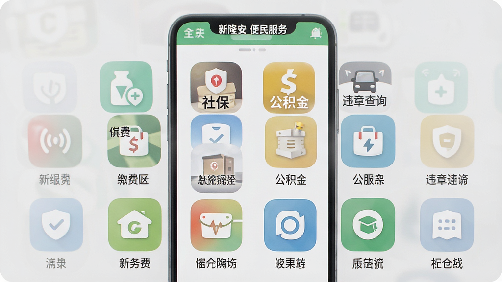 手机界面展示“新隆安”便民服务页面,页面以网格形式排列各类服务图标,包括缴费、社保、公积金、违章查询等,图标设计统一为圆角方形,配色清新,背景为浅灰色,整体布局规整,文字标注清晰,画质干净高清
