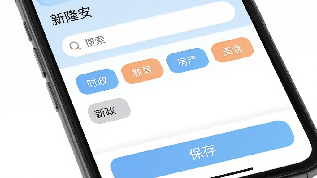 手机界面展示“新隆安”个性化订阅设置页,页面中列有多个频道标签如“时政”“教育”“房产”“美食”,部分标签处于选中高亮状态,顶部有搜索框,底部有保存按钮,整体设计简洁明快,配色柔和,画质高清,无多余装饰