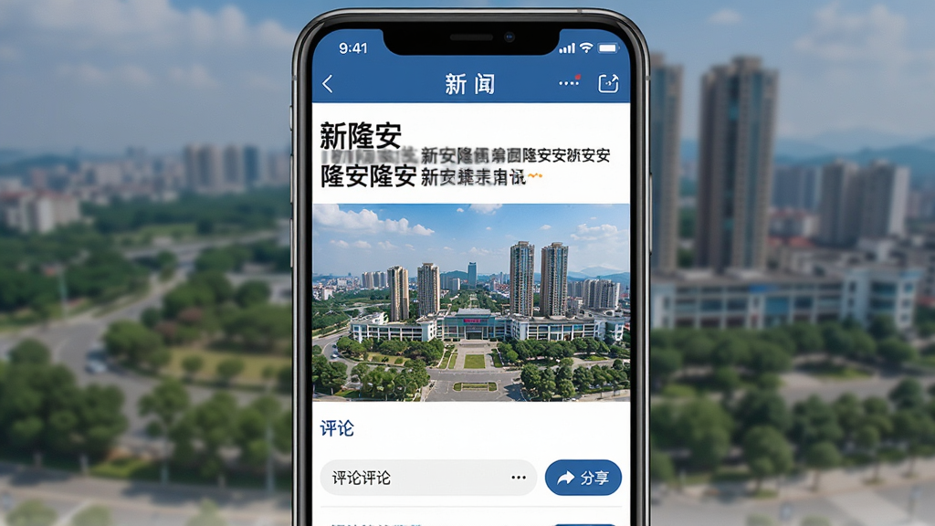 一张资讯类APP界面截图,画面中央显示“新隆安”新闻详情页,标题醒目,配图为隆安当地城市风貌,下方有评论区与分享按钮,整体色调以蓝白为主,排版整齐,风格商务简洁,画质清晰,无杂乱元素