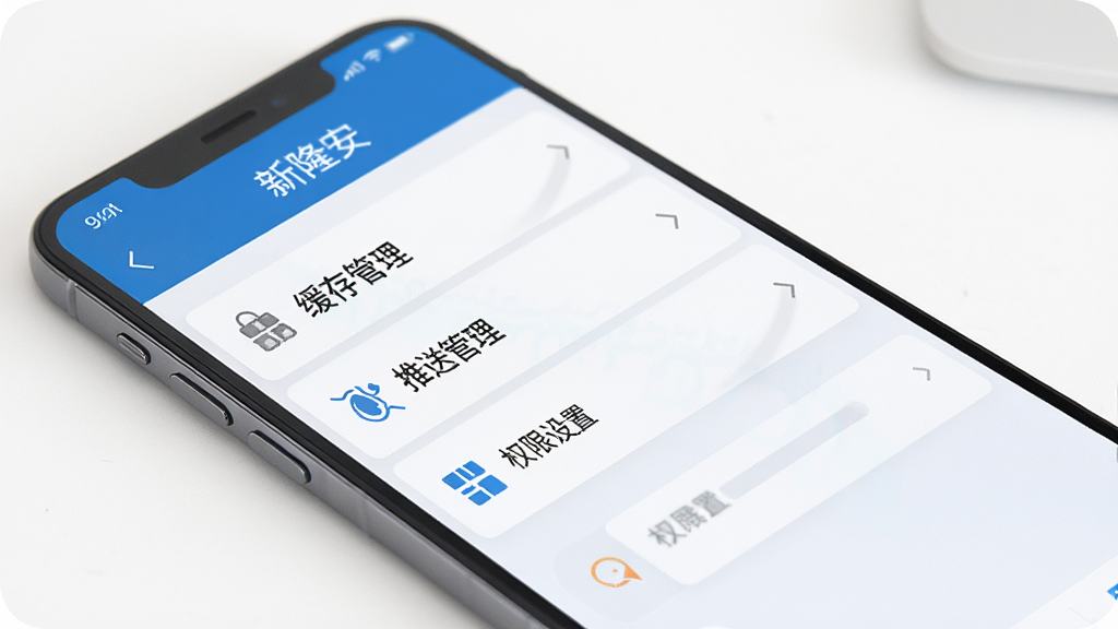 手机屏幕展示“新隆安”设置页面,页面中包含缓存管理、推送管理、权限设置等选项,界面整洁,配色为蓝白商务风格,文字清晰,画质高清,无多余元素