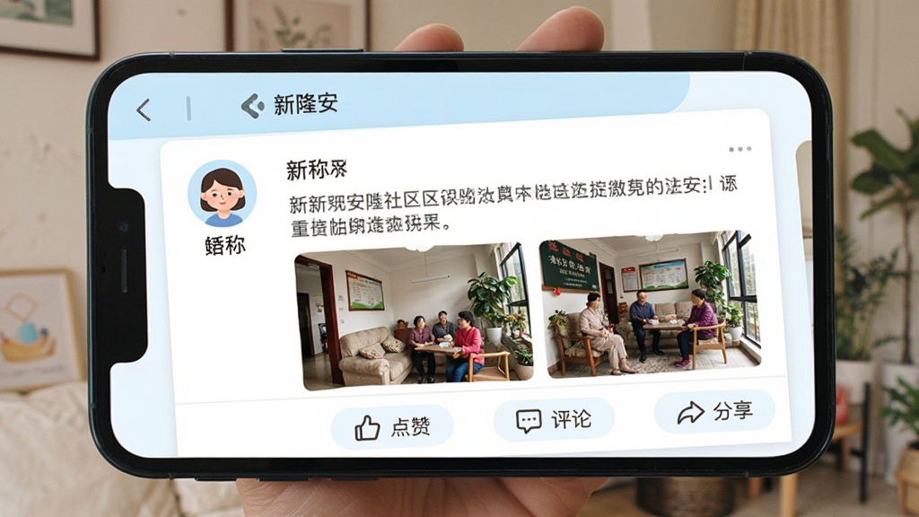手机屏幕显示“新隆安”社区互动页面,用户头像与昵称排列在帖子左侧,帖子内容包含文字与本地生活照片,底部有点赞、评论、分享按钮,界面风格温馨,主色调为浅蓝与白色,排版疏朗,画质清晰自然