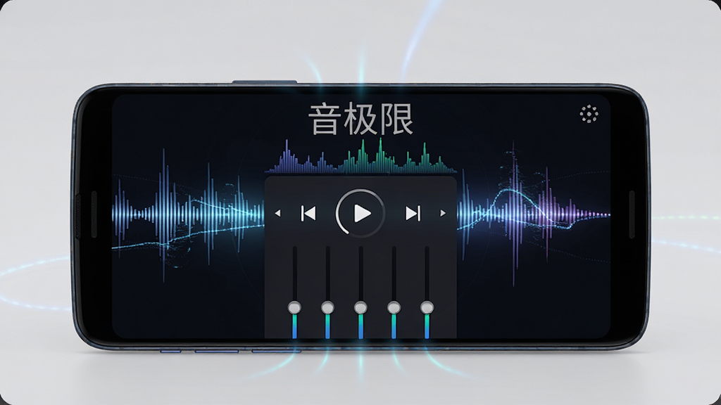 一部安卓手机屏幕中央显示“音极限”应用主界面,界面采用深色音频可视化风格,周围环绕声波与频谱元素,画面中央为播放控制区与均衡器滑块,整体布局居中对称,风格为现代科技感UI展示,细节包含手机机身、声波光效、深色背景,画质高清,干净,无多余元素