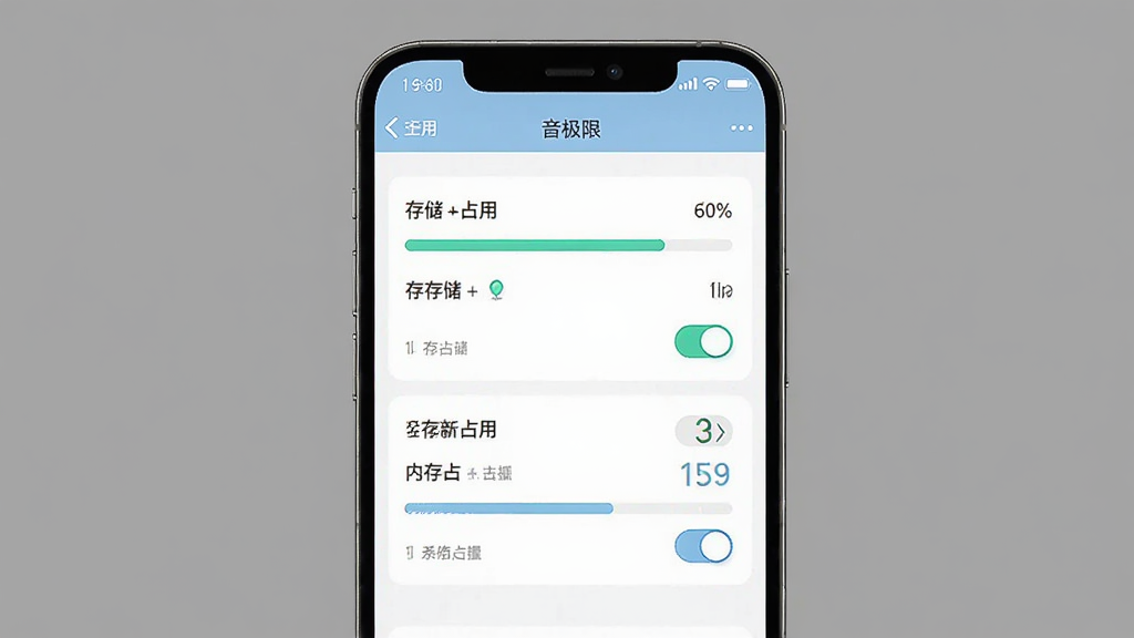 一部手机显示“音极限”设置页面,页面中显示存储占用与内存占用数据,背景为纯色极简风格,主体为手机与数据面板,布局为竖向排列,风格为简洁工具类应用界面,细节包含进度条、数字标签、开关图标,画质高清,干净,无多余元素