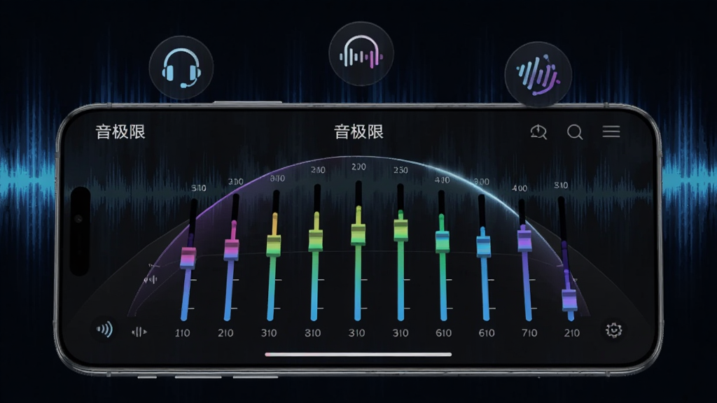 一部手机横屏显示“音极限”均衡器界面,多条彩色频段滑块呈弧形排列,背景为深蓝色声波纹理,画面主体为手机与悬浮的音效图标,布局为横向展示,风格为科技感产品宣传图,细节包含频谱光效、半透明面板、耳机图标,画质高清,干净,无多余元素