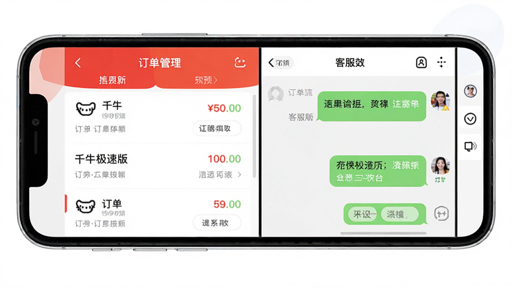 千牛极速版软件功能界面展示图,画面主体为手机屏幕上的订单管理面板和客服聊天界面,布局采用分屏展示形式,左侧为订单列表,右侧为聊天窗口,排版简洁明了,风格为扁平化商务风,细节包含图标、按钮和文字标签,画质高清,色彩干净,无多余装饰元素