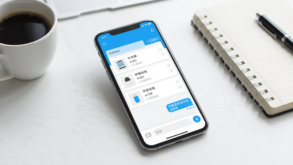 一张展示手机店铺管理界面的图片,画面中央是一部现代智能手机,屏幕显示简洁的商品订单列表和客服聊天窗口,界面以明亮的蓝色和白色为主色调,背景是干净整洁的办公桌面,旁边放着一杯咖啡和一本笔记本,整体风格为现代科技感,细节清晰,画质高清,光线柔和,无多余元素