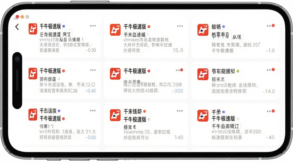 千牛极速版软件运行界面截图,画面展示手机屏幕上同时显示多个店铺的消息通知列表,每个店铺名称旁边有不同颜色的标识点,界面布局清晰有序,风格为现代扁平化设计,细节包含图标、文字和通知气泡,画质高清,色彩干净,无多余元素