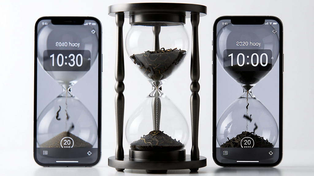 画面中央为一个沙漏与手机并排放置,手机屏幕显示倒计时界面,沙漏中茶叶缓缓落下,布局为左右对称,排版简洁,风格为写实摄影风,细节包含沙漏玻璃质感、茶叶飘落动态、手机界面数字,画质清晰,干净,无多余元素。