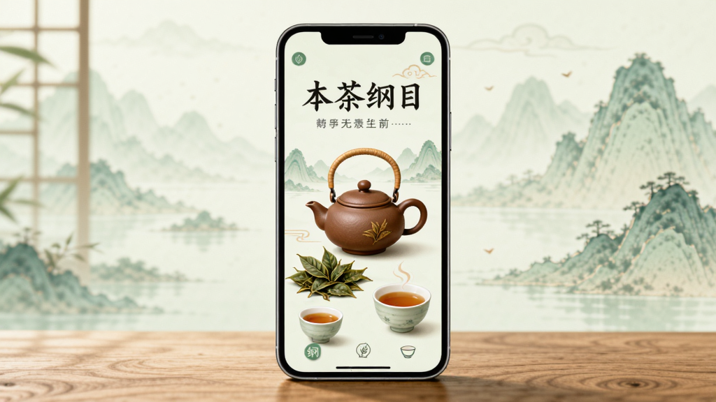 画面中央放置一部智能手机,手机屏幕显示“本茶纲目”软件主界面,界面中包含茶壶、茶叶、茶杯等元素,背景为淡绿色山水画风格,布局采用居中构图,排版整齐,风格为中国风简约插画,细节包含茶叶纹理、茶汤色泽、木质桌面,画质清晰,干净,无多余元素。