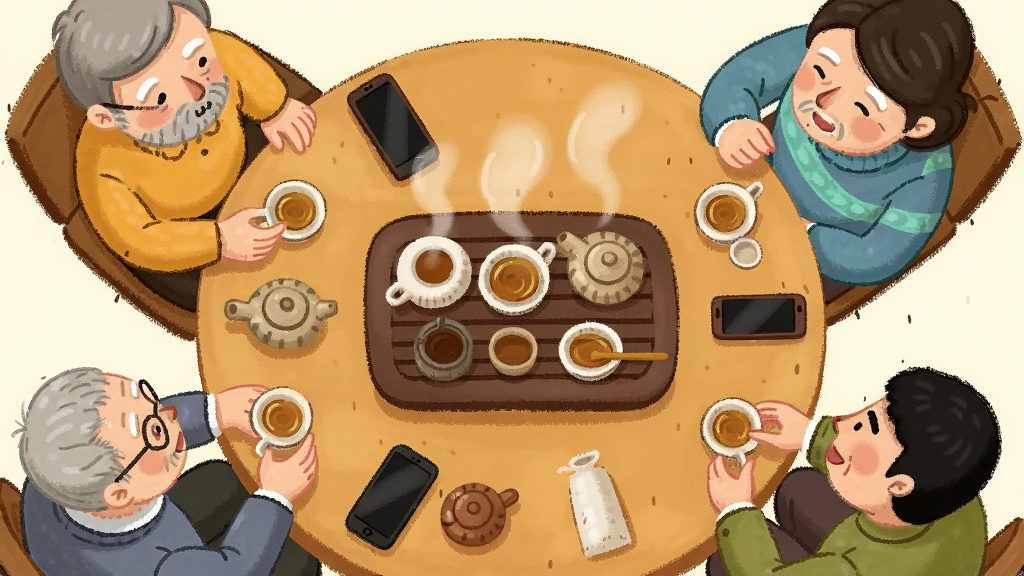画面中央为一张圆形茶桌,周围坐着几位不同年龄的茶友在品茶交谈,桌上摆放茶具和手机,布局为俯视环绕式,排版以茶桌为中心,风格为温暖手绘插画,细节包含茶汤热气、人物表情、茶具纹理,画质清晰,干净,无多余元素。