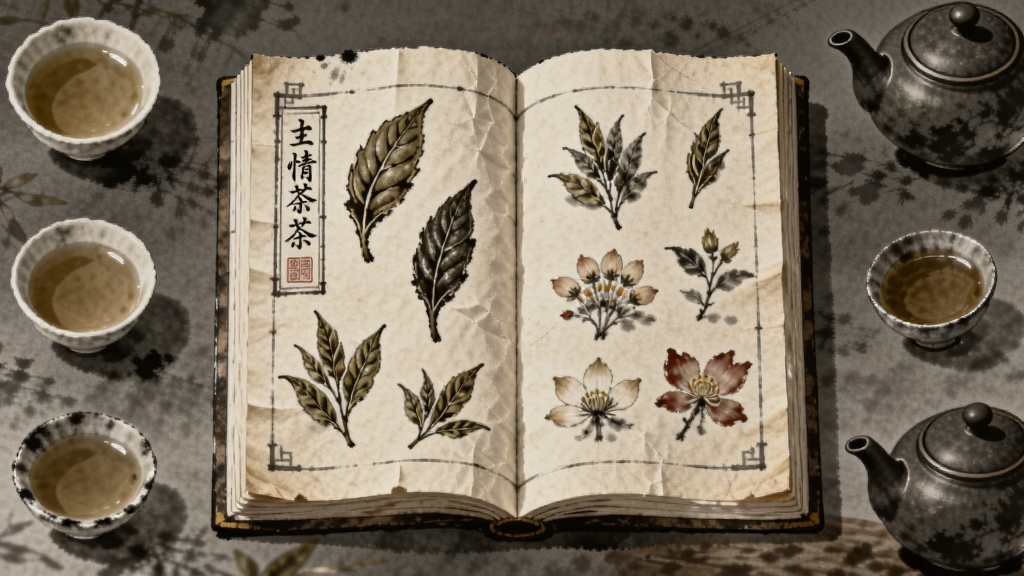 画面中央为一本展开的古代茶书,书页上浮现出多种茶叶和花草图案,周围环绕着茶杯和茶壶,布局为对称式,排版以书本为中心向两侧延展,风格为复古水墨画风,细节包含茶叶脉络、花瓣纹理、书页折痕,画质清晰,干净,无多余元素。