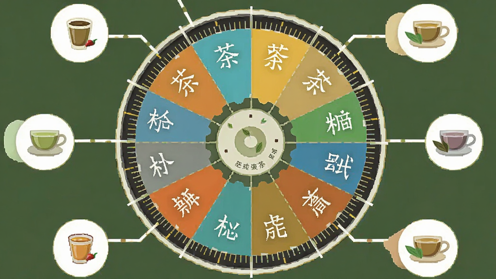 画面中央为一个圆形体质测评转盘,转盘上标注不同体质名称,周围有对应茶饮图标,布局为环绕式,排版以转盘为核心,风格为扁平化信息图,细节包含转盘刻度、茶饮小图标、连接线条,画质清晰,干净,无多余元素。