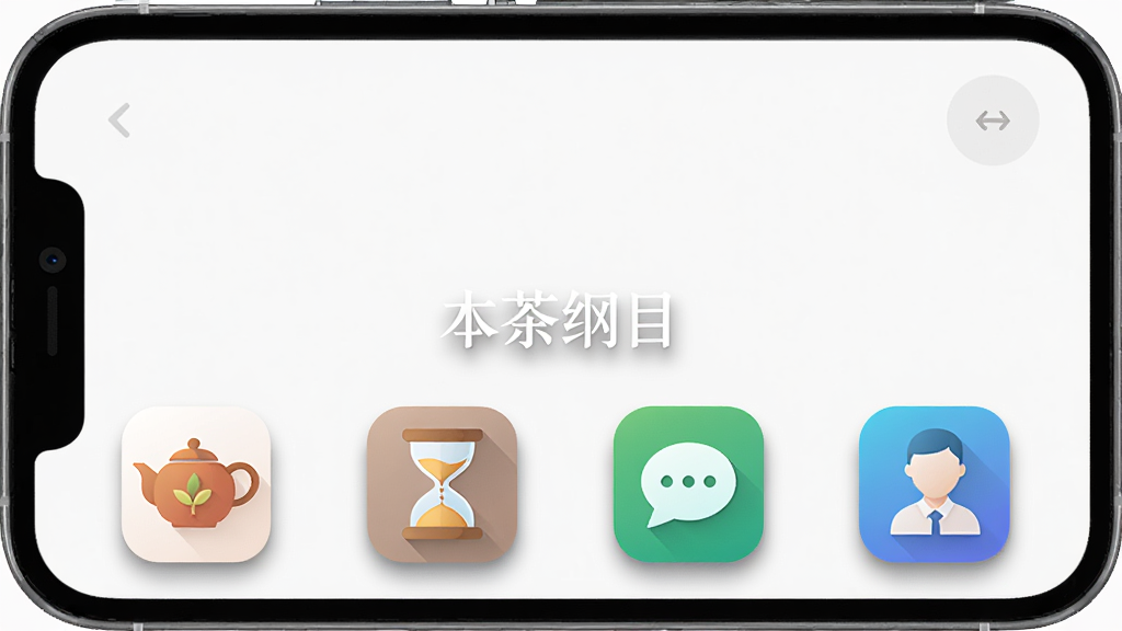 画面中央为手机屏幕展示“本茶纲目”四个底部导航图标,图标分别为茶壶、沙漏、对话气泡、人物头像,布局为横向排列,排版简洁,风格为扁平化图标设计,细节包含图标圆角、色彩渐变、阴影效果,画质清晰,干净,无多余元素。