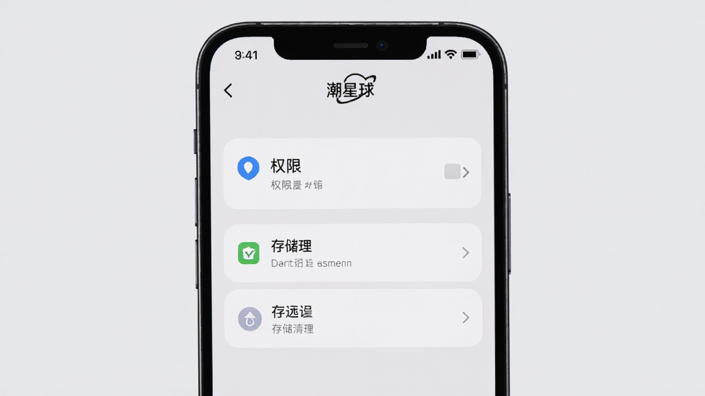 手机屏幕展示“潮星球”设置页面,页面中有权限管理和存储清理选项,背景为浅灰色,排版为列表式布局,风格简洁明了,细节清晰,画质高清,干净,无多余元素