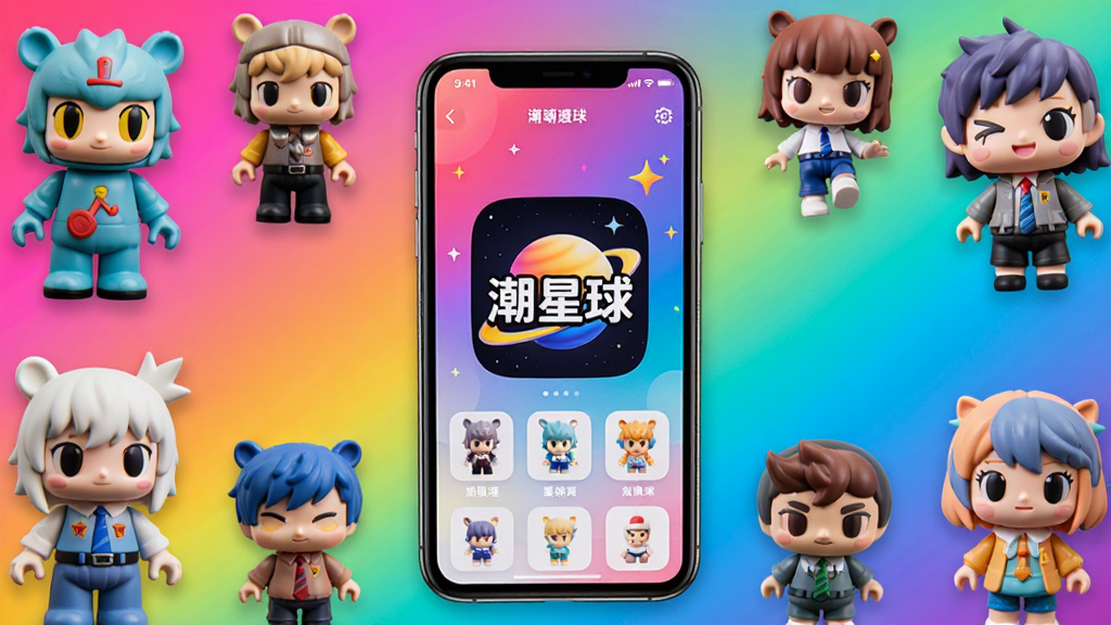 手机屏幕中央展示“潮星球”应用界面,周围环绕各种潮玩手办和盲盒公仔,背景是明亮的渐变色彩,整体风格年轻活泼,排版居中对称,细节丰富,画质高清,干净,无多余元素