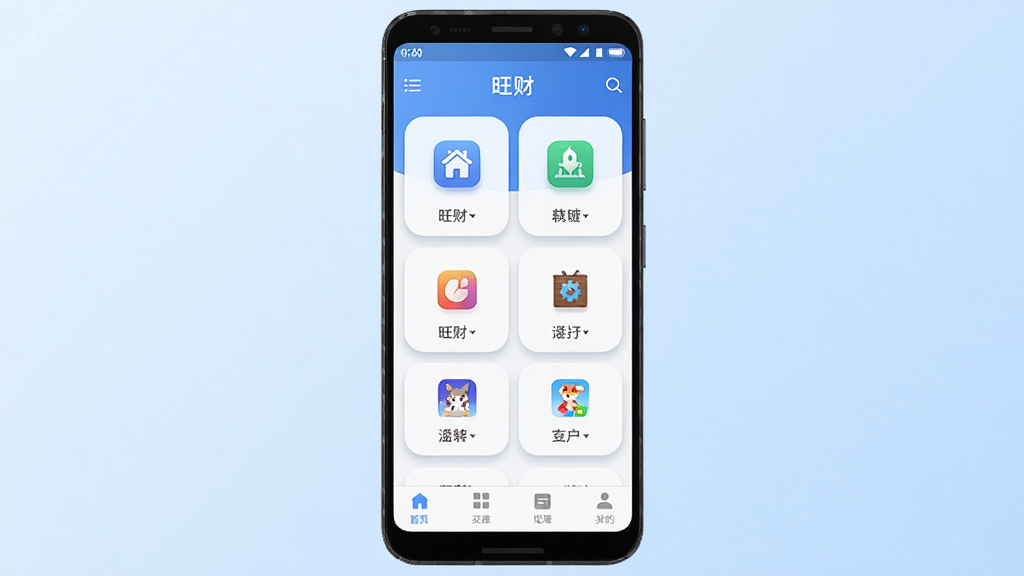 旺财软件主界面全景展示,画面中央是一部安卓手机,手机屏幕上显示旺财应用首页,界面布局清晰,包含功能图标区域和底部导航栏,背景为浅蓝色渐变,风格简洁现代,细节包括图标阴影和圆角卡片,画质高清,干净,无多余元素