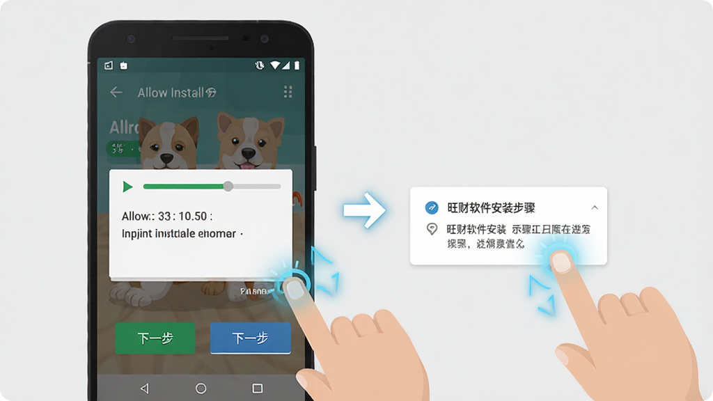 旺财软件安装步骤示意图,画面中一部安卓手机显示安装界面,屏幕上有允许安装和下一步按钮,旁边有手指点击的动画示意,背景为浅灰色,风格扁平化教学插图,细节包括安装进度条和权限提示弹窗,画质高清,干净,无多余元素
