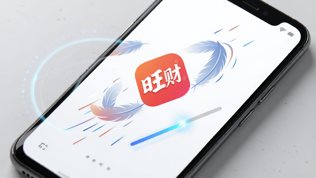一部安卓手机屏幕显示旺财应用正在快速启动,启动画面中央有旺财文字标识,周围环绕轻量化的羽毛和速度线条元素,背景为干净的白色,风格简约科技感,细节包括启动进度条和光效,画质高清,干净,无多余元素