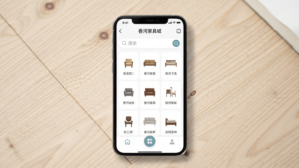 香河家具城手机应用主界面展示,画面中心是一部智能手机,屏幕上显示香河家具城应用首页,包含家具分类图标和搜索栏,背景为浅色木纹桌面,布局简洁明了,风格现代清新,细节包括家具小图标和导航按钮,画质清晰干净无多余元素