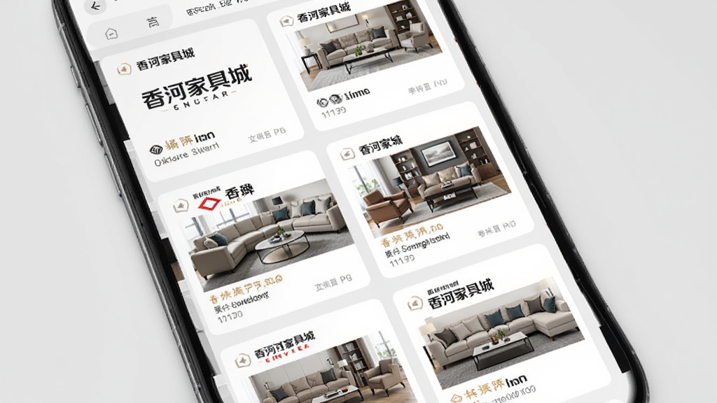 香河家具城应用内品牌列表页面,手机屏幕展示多个家具品牌卡片,每个卡片包含品牌名称和家具缩略图,背景为淡灰色,布局为纵向列表,风格简约商务,细节清晰,画质干净整洁