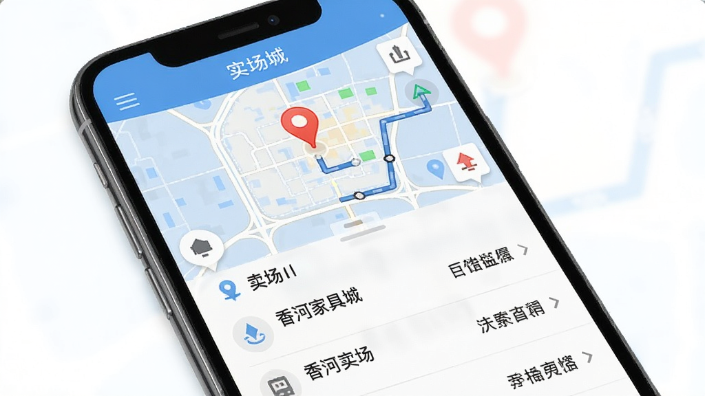 香河家具城应用内导航页面,手机屏幕显示地图标记和卖场名称列表,背景为浅蓝色地图底图,布局为上地图下列表,风格清爽实用,细节包括定位图标和路线线条,画质干净清晰