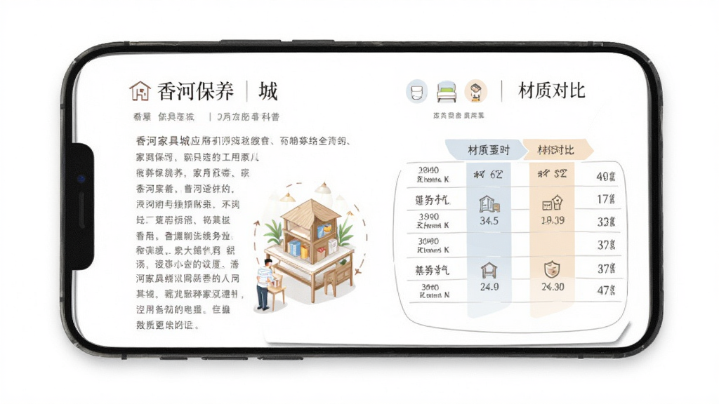 香河家具城应用知识科普页面,手机屏幕展示家具保养文章和材质对比图表,背景为白色,布局为图文结合,风格素雅极简,细节包括文字段落和插图,画质清晰干净