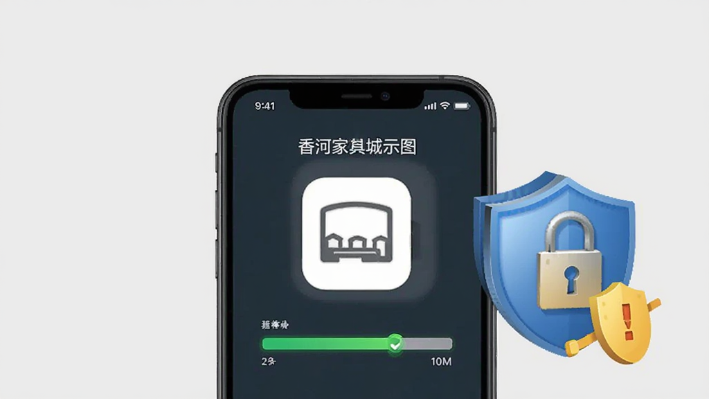香河家具城手机应用操作示意图,画面展示一部手机正在安装应用,旁边有盾牌图标表示安全提示,背景为浅灰色,布局为手机居中加安全图标,风格简洁警示,细节包括安装进度条和安全锁标志,画质清晰干净