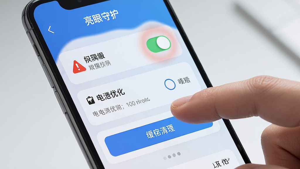 一张展示手机屏幕上“亮眼守护”应用设置界面的AI生图,界面中包含权限开关、电池优化选项和缓存清理按钮,布局为手机正面特写,排版整齐,风格为写实科技风,细节包括手指点击屏幕的动作和界面中高亮的红色警告图标,画质高清干净无多余元素