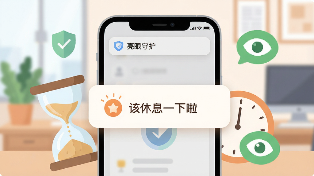 一张展示“亮眼守护”软件定时提醒功能的AI生图,主体为手机屏幕上弹出温馨的休息提醒通知,通知框内写着“该休息一下啦”,布局以手机为中心,周围环绕着沙漏、时钟和绿色护眼图标,排版简洁,风格为清新柔和扁平插画,细节包括通知栏的圆角设计和背景中模糊的办公环境,画质清晰干净无多余元素