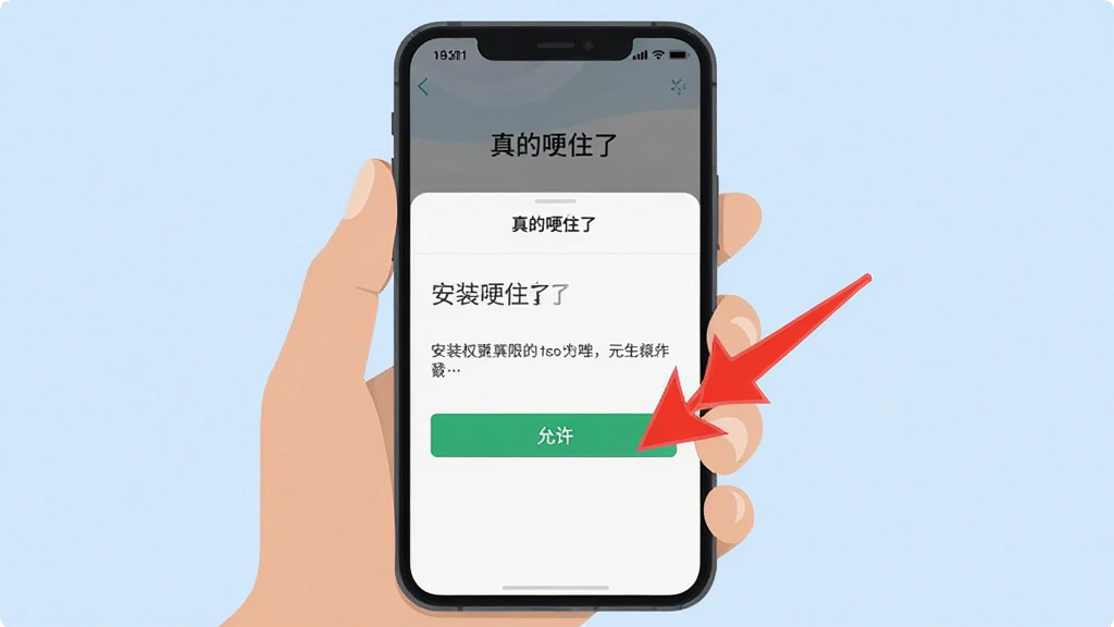 一张手机操作示意图,画面中一只手拿着手机,屏幕上显示“真的哽住了”的安装权限设置界面,旁边有红色箭头指向“允许”按钮,背景为简洁的浅蓝色,风格为扁平化信息图,细节清晰,画质干净