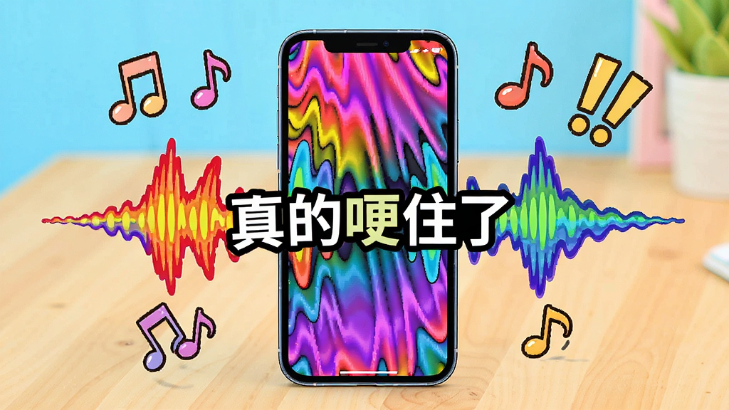 一部手机放置在桌面中央,屏幕中放射出五颜六色的声波纹理,声波中夹杂着“真的哽住了”的文字标识,周围有卡通音符和惊叹号漂浮,整体风格活泼明快,色彩饱和度高,画面干净简洁,画质清晰