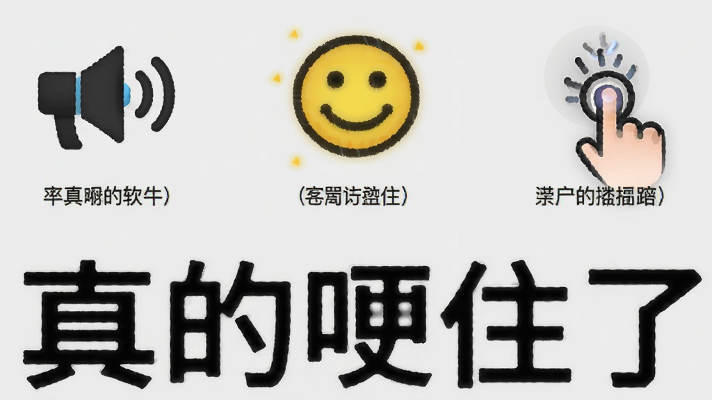 一张信息图风格的插画,画面中展示“真的哽住了”软件的几个核心功能图标,包括喇叭图标、笑脸图标和手指点击图标,图标排列整齐,背景为浅灰色,整体风格简约现代,文字标注清晰,画质干净无杂乱元素