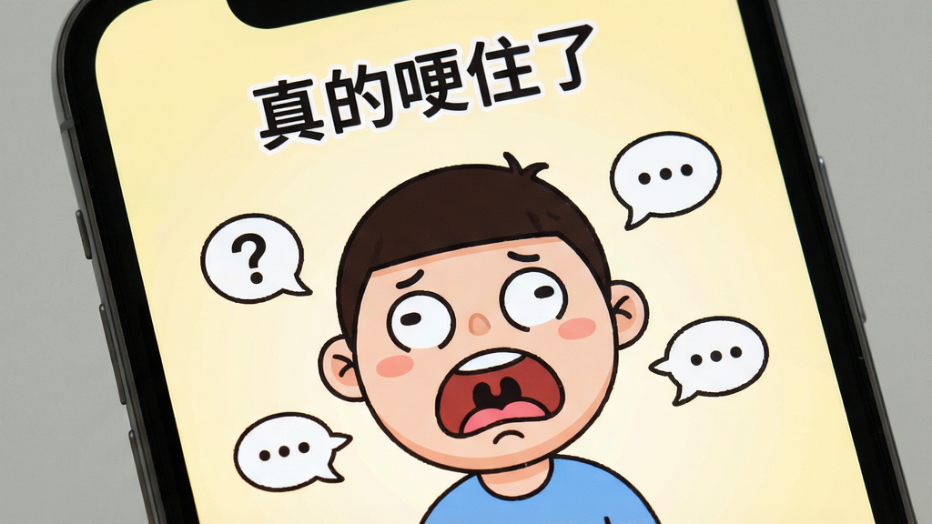 一张明亮的手机屏幕特写,屏幕中央显示“真的哽住了”游戏主界面,界面中央有一个夸张的卡通人物表情,嘴巴微张眼神呆滞,周围环绕着问号和省略号气泡,背景是柔和的浅黄色渐变,画面风格为扁平卡通插画,细节清晰,画质干净,无多余元素