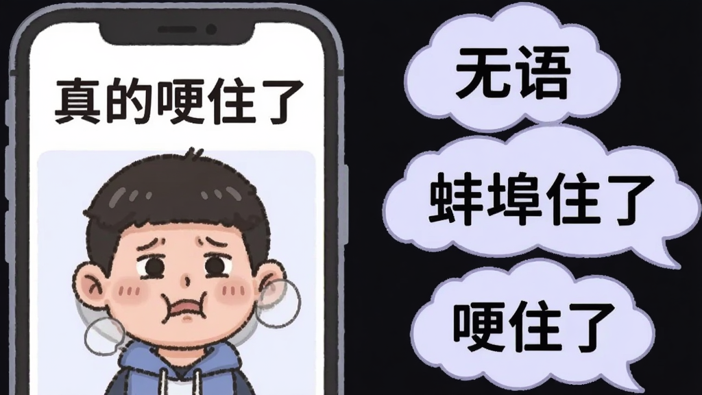 一张信息图风格的插画,画面左侧是手机屏幕显示“真的哽住了”的卡通角色,右侧是几个网络流行语标签如“无语”“蚌埠住了”“哽住了”以云朵气泡形式排列,背景为浅紫色,整体风格清新简约,文字清晰,画质干净