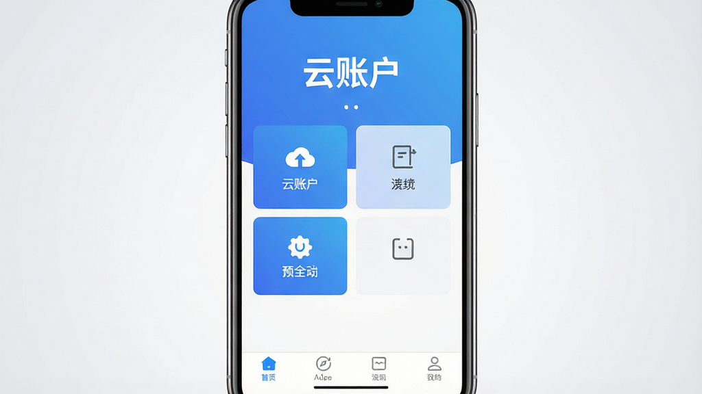 一张手机屏幕展示云账户App首页界面,画面中央是手机正视图,屏幕内显示蓝色渐变背景的云账户应用主页面,顶部有“云账户”三个白色文字标识,中部排列着功能卡片图标,底部有导航栏,背景为干净的浅灰色渐变,整体风格简洁现代商务,细节清晰,画质高清,干净无多余元素