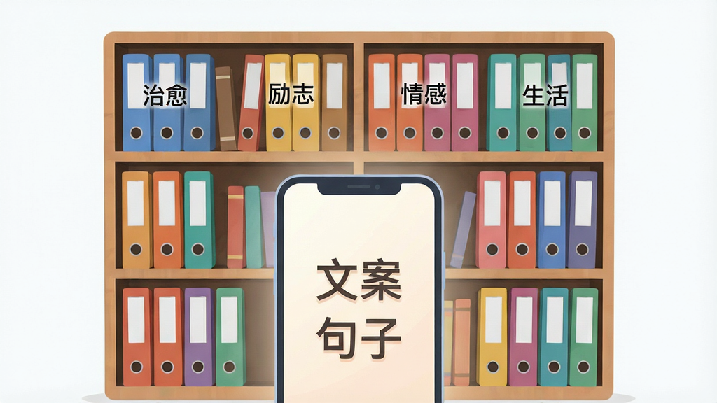 一个扁平化风格的插画,主体是一个巨大的虚拟书架,书架上摆满了各种颜色标签的文件夹,文件夹上分别写着“治愈”“励志”“情感”“生活”等字样,书架前方有一部手机屏幕发出柔和光芒,屏幕中显示“文案句子”四个字,布局对称居中,风格清新简约,细节上文件夹有轻微立体感,画质高清,背景干净无多余元素