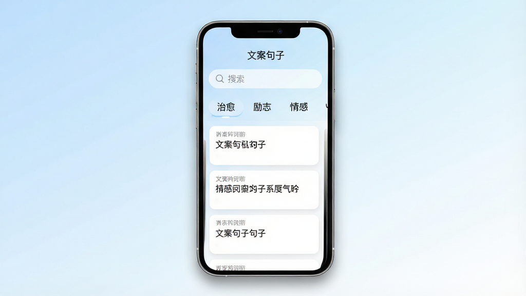 一幅竖版手机应用界面展示图,画面中央是一部现代智能手机,屏幕显示“文案句子”App的主界面,界面顶部有搜索框,中部为分类标签如“治愈”“励志”“情感”,下方是卡片式文案列表,背景为柔和的浅蓝与白色渐变,整体风格干净清新简约,细节上手机边缘有轻微阴影,画质高清,无多余元素