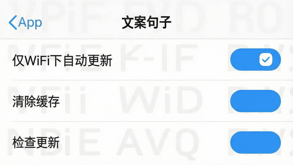 一张手机屏幕截图风格的图片,画面展示“文案句子”App的设置界面,列表中有“仅WiFi下自动更新”“清除缓存”“检查更新”等选项,界面风格为白色背景搭配浅灰色分割线,字体清晰,按钮为蓝色圆角矩形,整体干净整洁,画质高清,无多余元素
