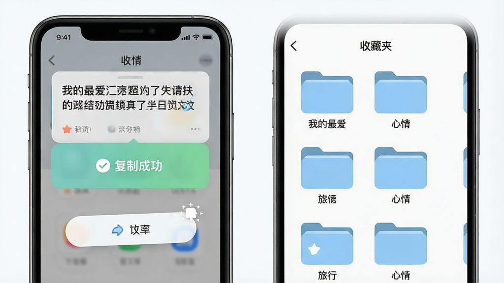 一幅横向布局的UI界面示意图,左侧展示手机屏幕中一条文案卡片被点击后弹出“复制成功”提示,右侧展示收藏夹界面,收藏夹中有多个文件夹图标,文件夹标签为“我的最爱”“旅行”“心情”等,整体风格为浅色系扁平化设计,细节上按钮有圆角和高光效果,画质干净清晰,无多余装饰